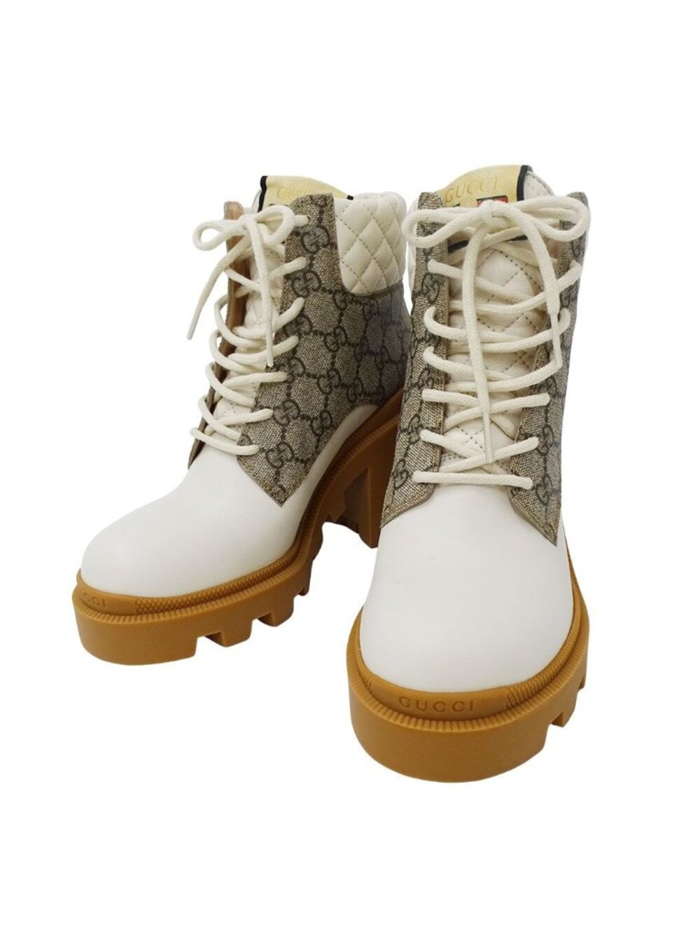 Gucci Boots GG Supreme Ankle White Beige Quilted Heels Platforms